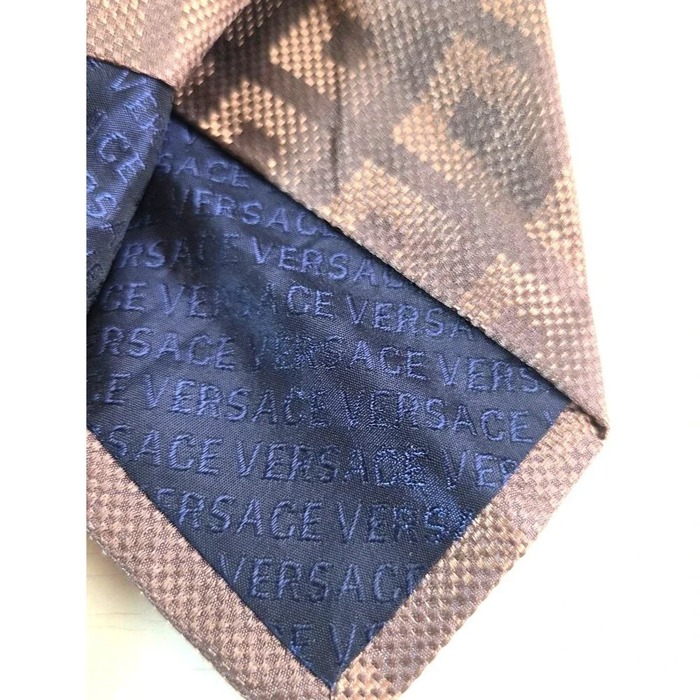 Versace Silk Tie Brown Geometric Medusa Logo Italy Designer Luxury Necktie Class